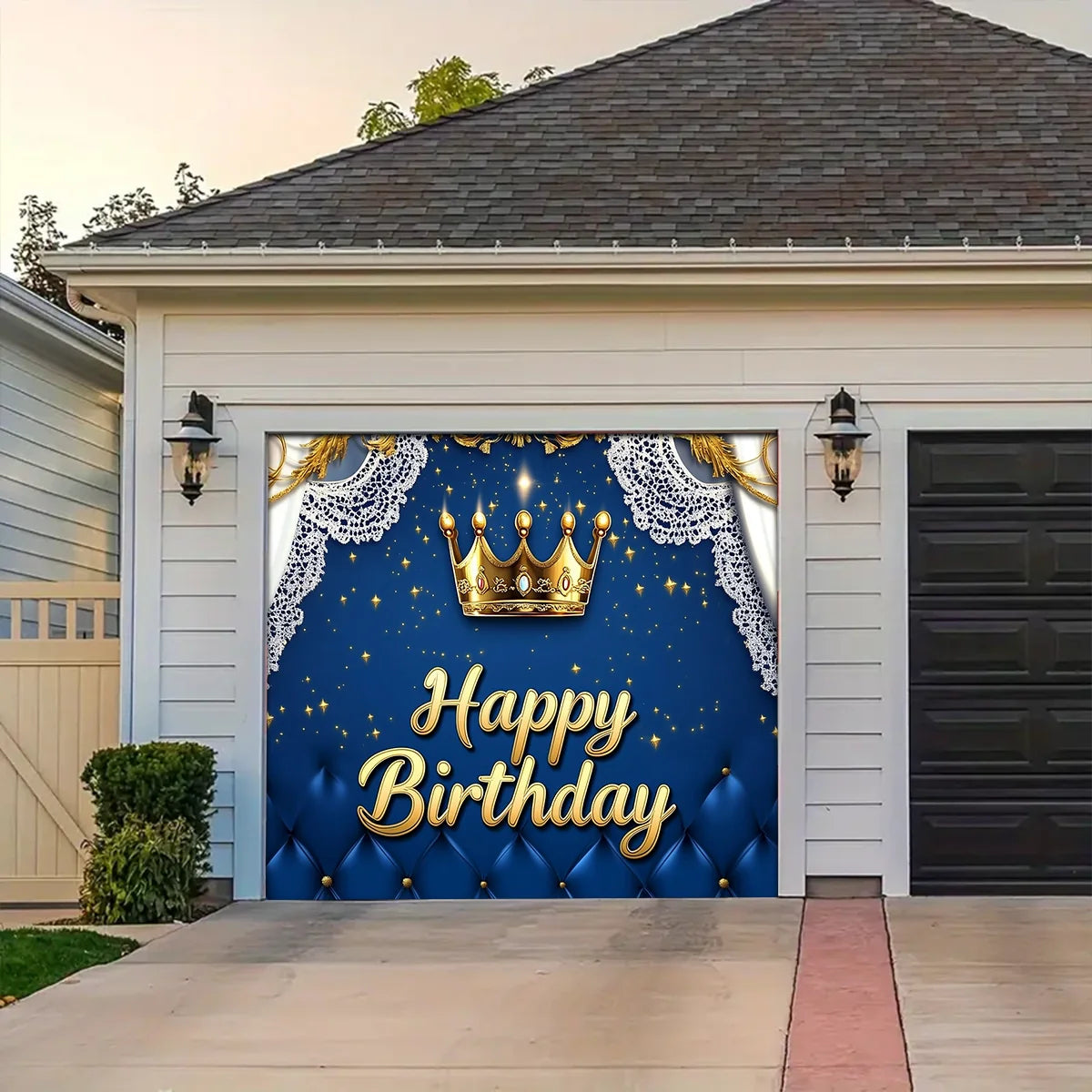 Shineful Garage Door Banner Decoration - Regal Elegance with Golden Crown and Blue Drapes