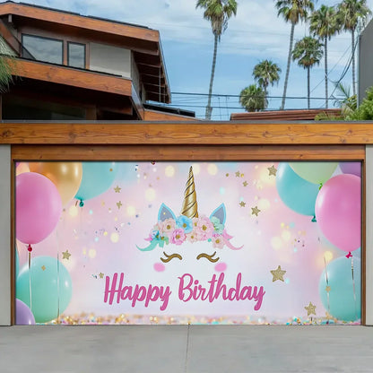 Shineful Garage Door Banner Decoration - Unicorn Dreams with Pastel Balloons and Sparkling Stars