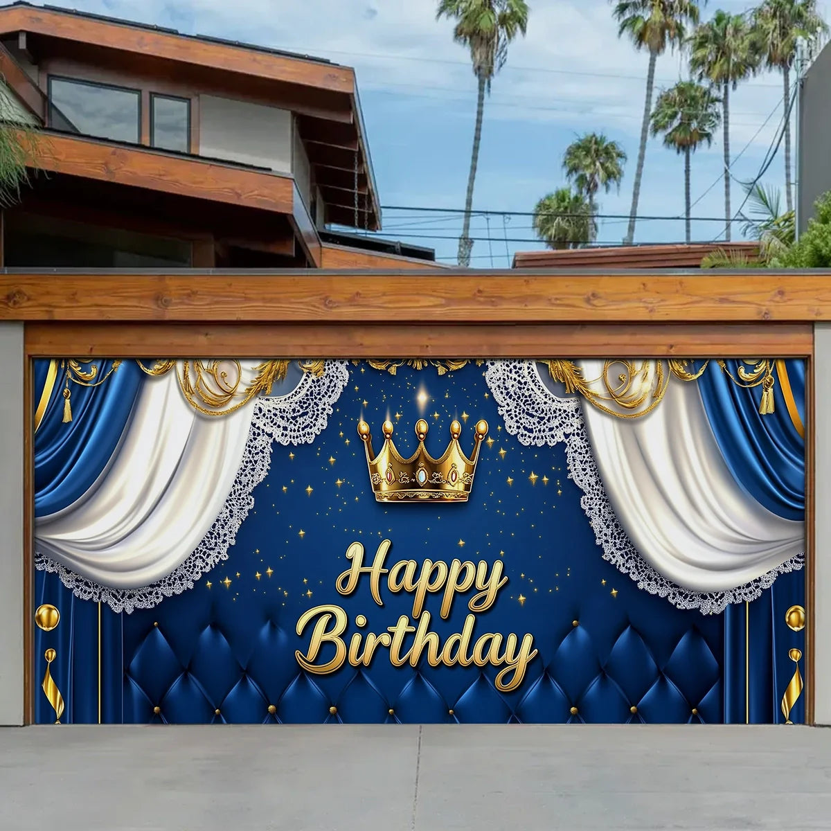 Shineful Garage Door Banner Decoration - Regal Elegance with Golden Crown and Blue Drapes