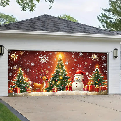 Shineful Garage Door Banner Decoration - Holiday Joy Snowman and Reindeer Celebrating Christmas Magic