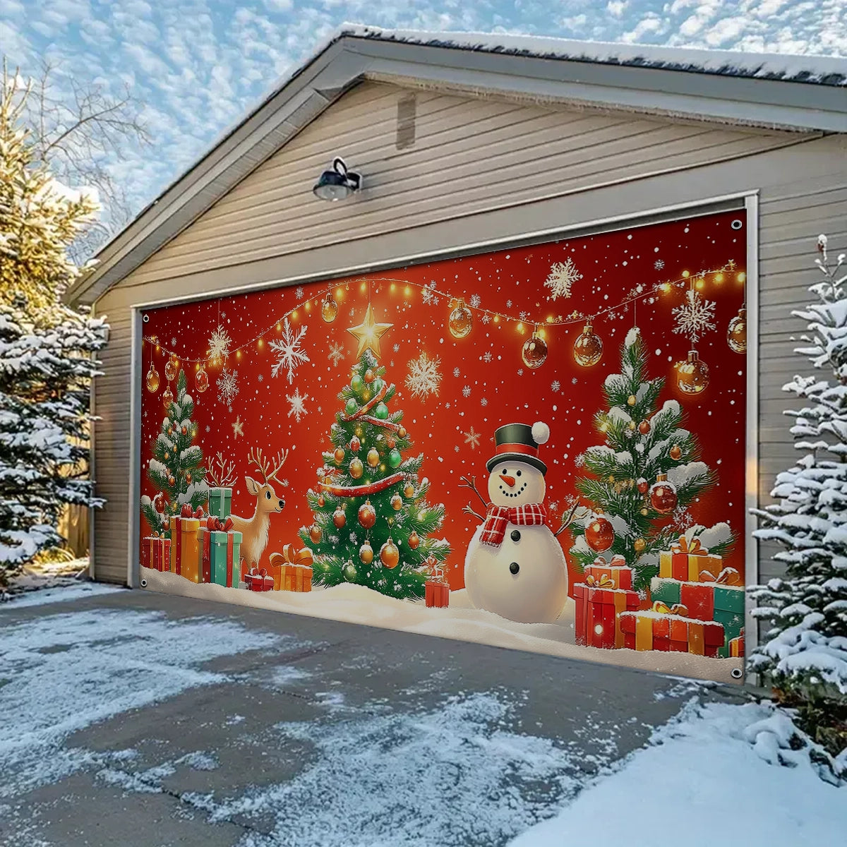Shineful Garage Door Banner Decoration - Christmas Magic Snowman and Reindeer in a Festive Wonderland