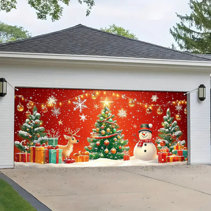 Shineful Garage Door Banner Decoration - Christmas Magic Snowman and Reindeer in a Festive Wonderland