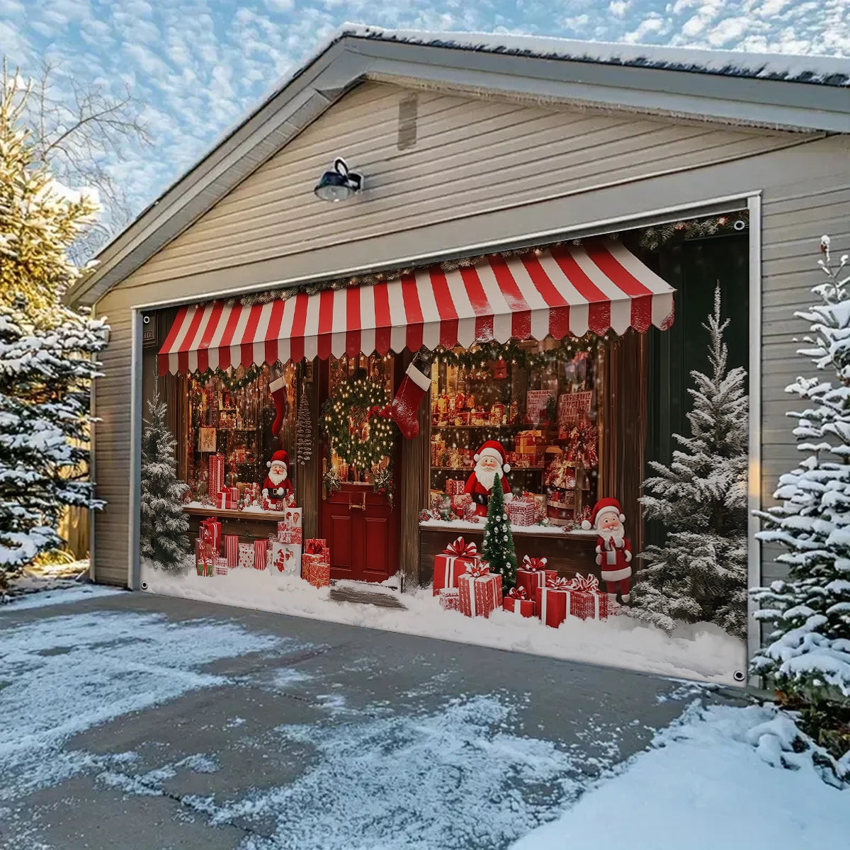 Shineful Garage Door Banner Decoration - Festive Holiday Storefront Santa’s Cozy Christmas Gift Shop