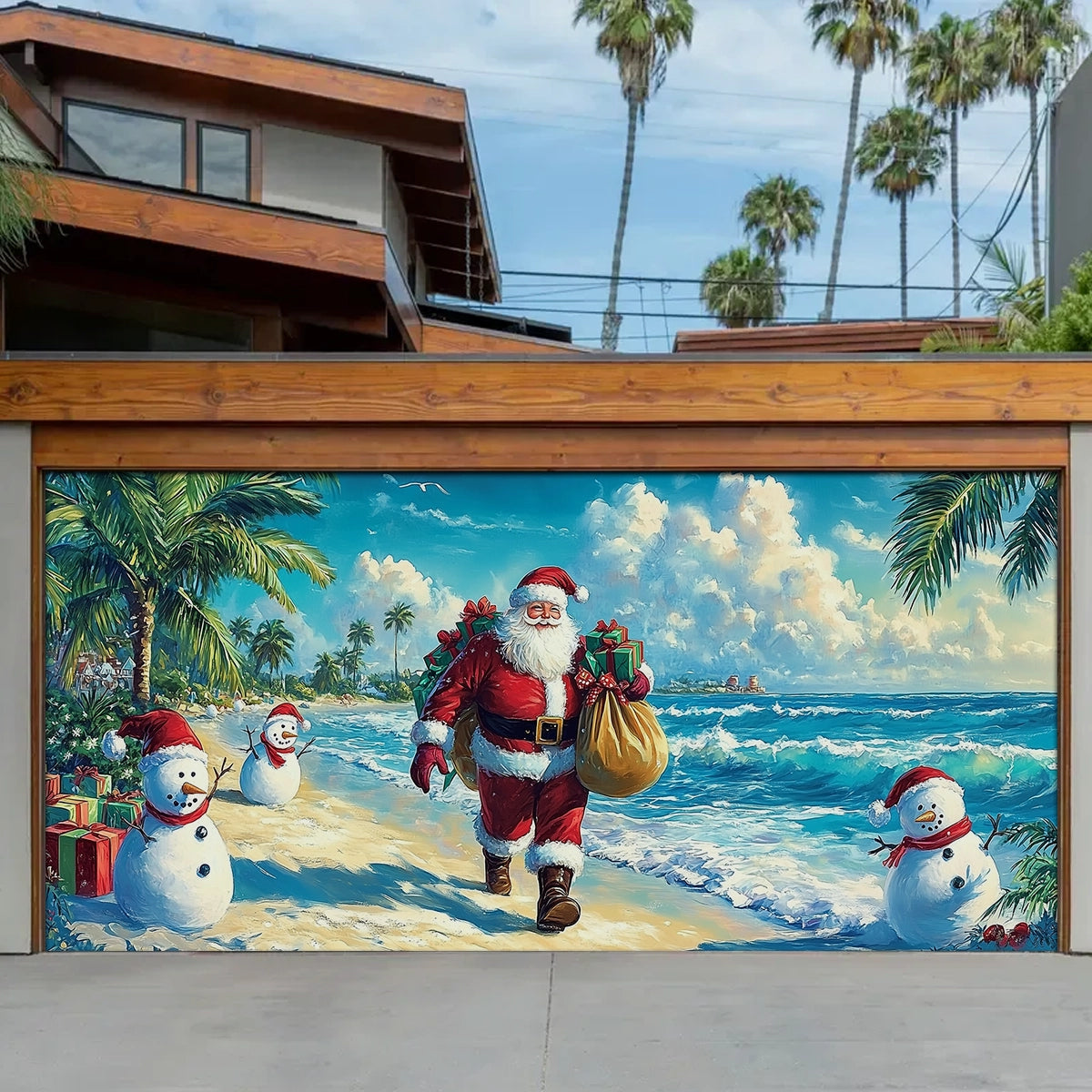 Shineful Garage Door Banner Decoration - Tropical Christmas Santa’s Beachside Holiday with Snowmen