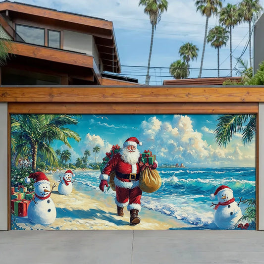 Shineful Garage Door Banner Decoration - Tropical Christmas Santa’s Beachside Holiday with Snowmen