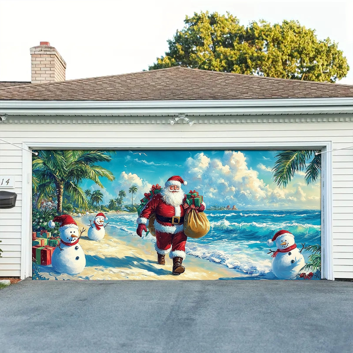 Shineful Garage Door Banner Decoration - Tropical Christmas Santa’s Beachside Holiday with Snowmen