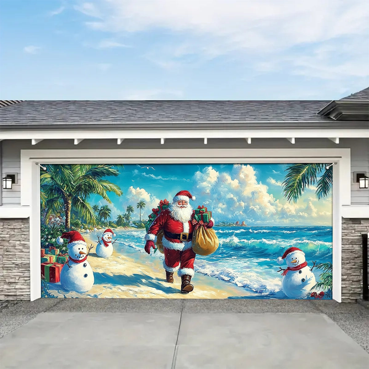 Shineful Garage Door Banner Decoration - Tropical Christmas Santa’s Beachside Holiday with Snowmen
