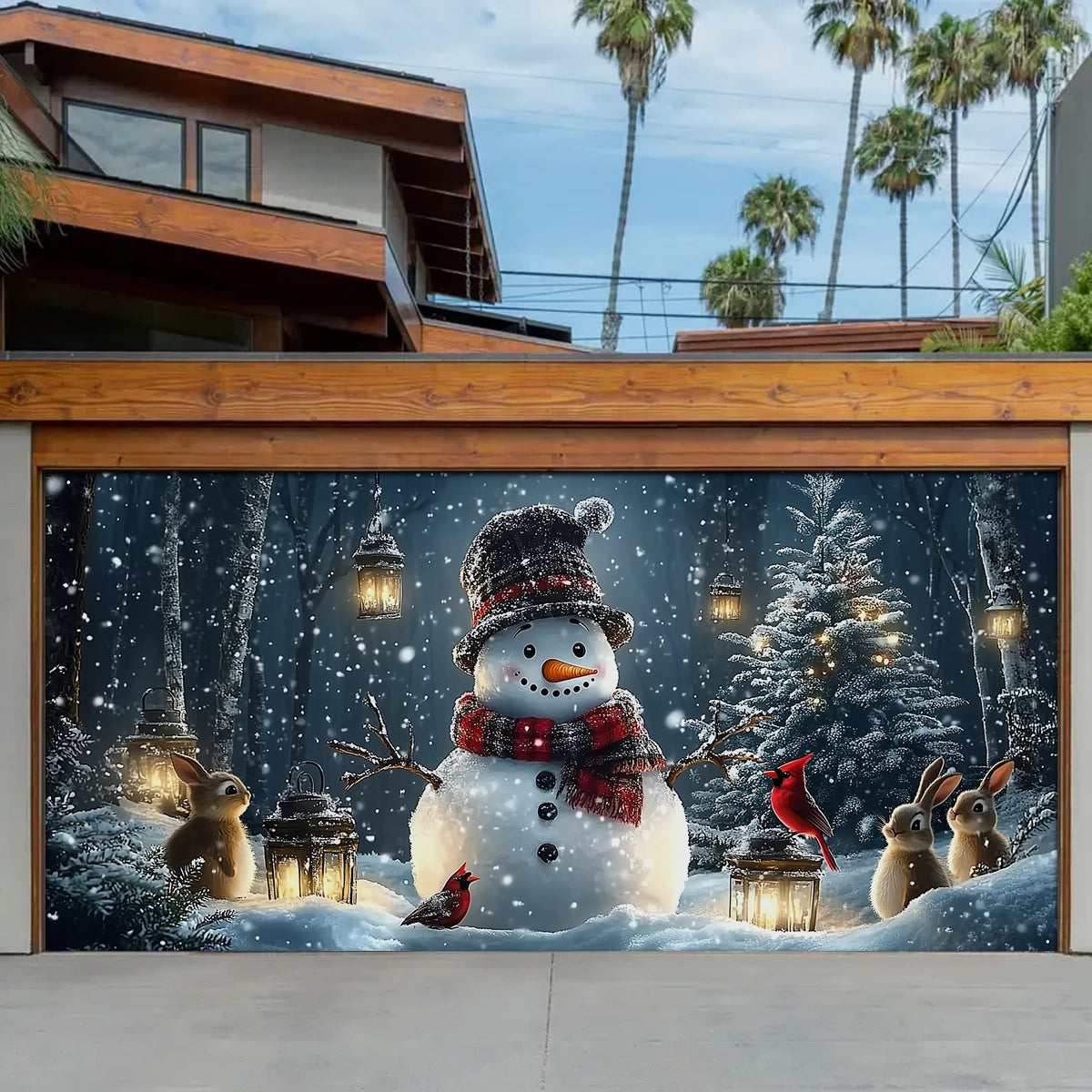 Shineful Garage Door Banner Decoration - Snowman and Forest Companions in a Lantern Lit Winter Scene