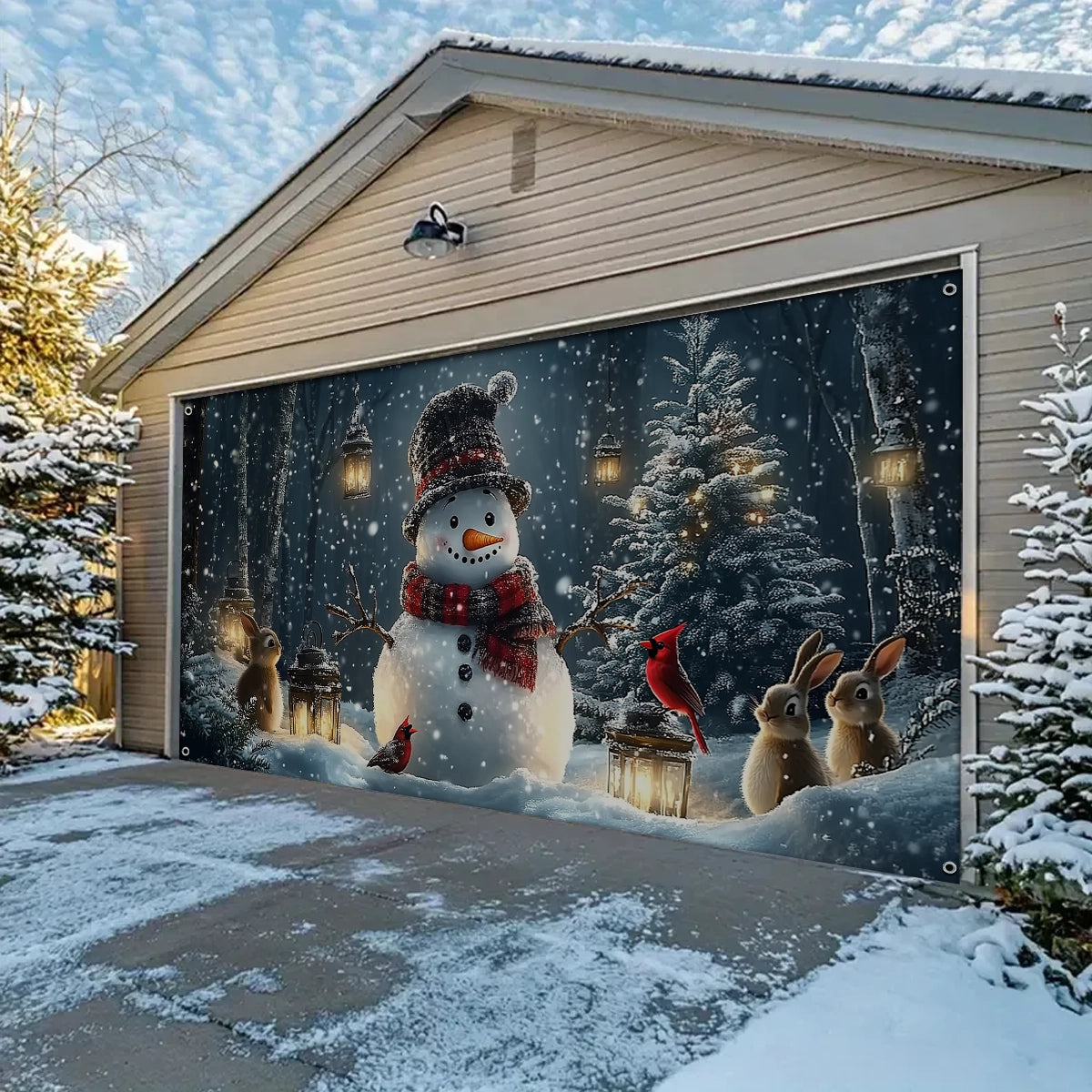 Shineful Garage Door Banner Decoration - Snowman and Forest Companions in a Lantern Lit Winter Scene