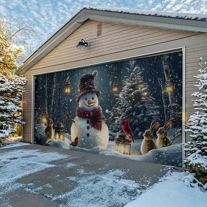 Shineful Garage Door Banner Decoration - Snowman and Forest Companions in a Lantern Lit Winter Scene