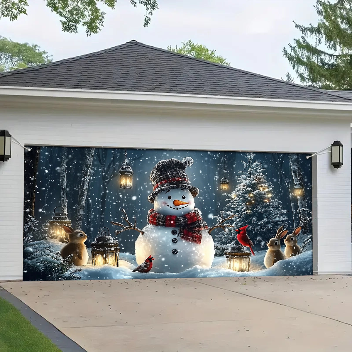 Shineful Garage Door Banner Decoration - Snowman and Forest Companions in a Lantern Lit Winter Scene