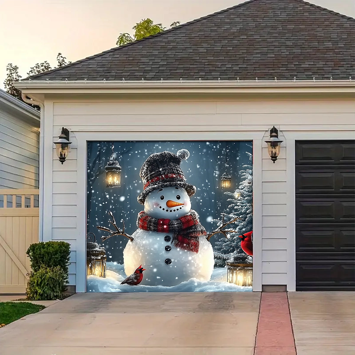 Shineful Garage Door Banner Decoration - Snowman and Forest Companions in a Lantern Lit Winter Scene