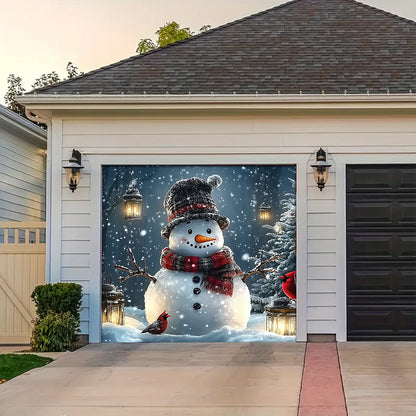 Shineful Garage Door Banner Decoration - Snowman and Forest Companions in a Lantern Lit Winter Scene