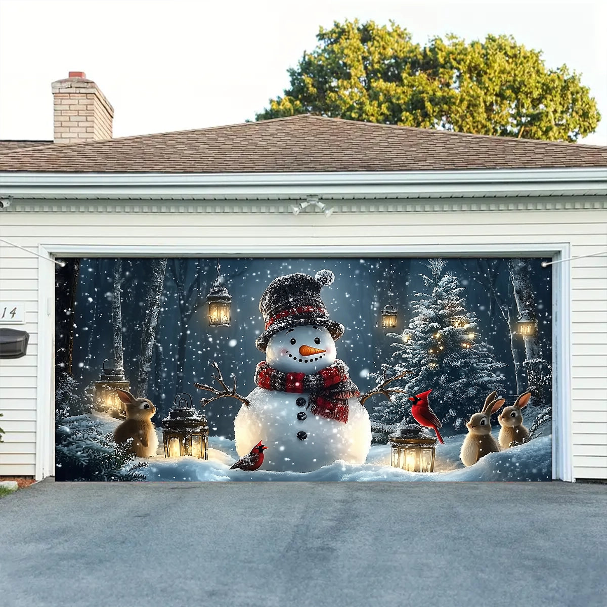Shineful Garage Door Banner Decoration - Snowman and Forest Companions in a Lantern Lit Winter Scene