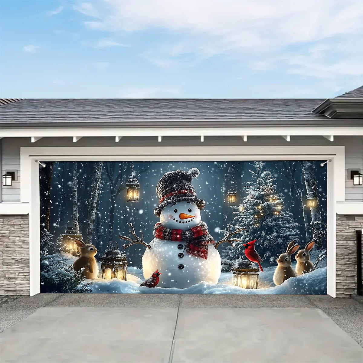 Shineful Garage Door Banner Decoration - Snowman and Forest Companions in a Lantern Lit Winter Scene