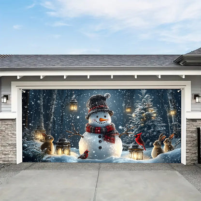 Shineful Garage Door Banner Decoration - Snowman and Forest Companions in a Lantern Lit Winter Scene