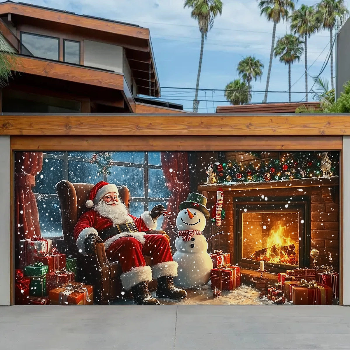 Shineful Garage Door Banner Decoration - Warm Fireside Moments with Santa Claus