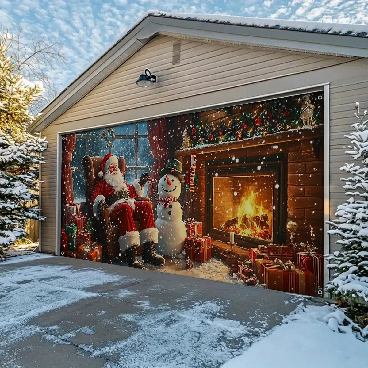 Shineful Garage Door Banner Decoration - Warm Fireside Moments with Santa Claus
