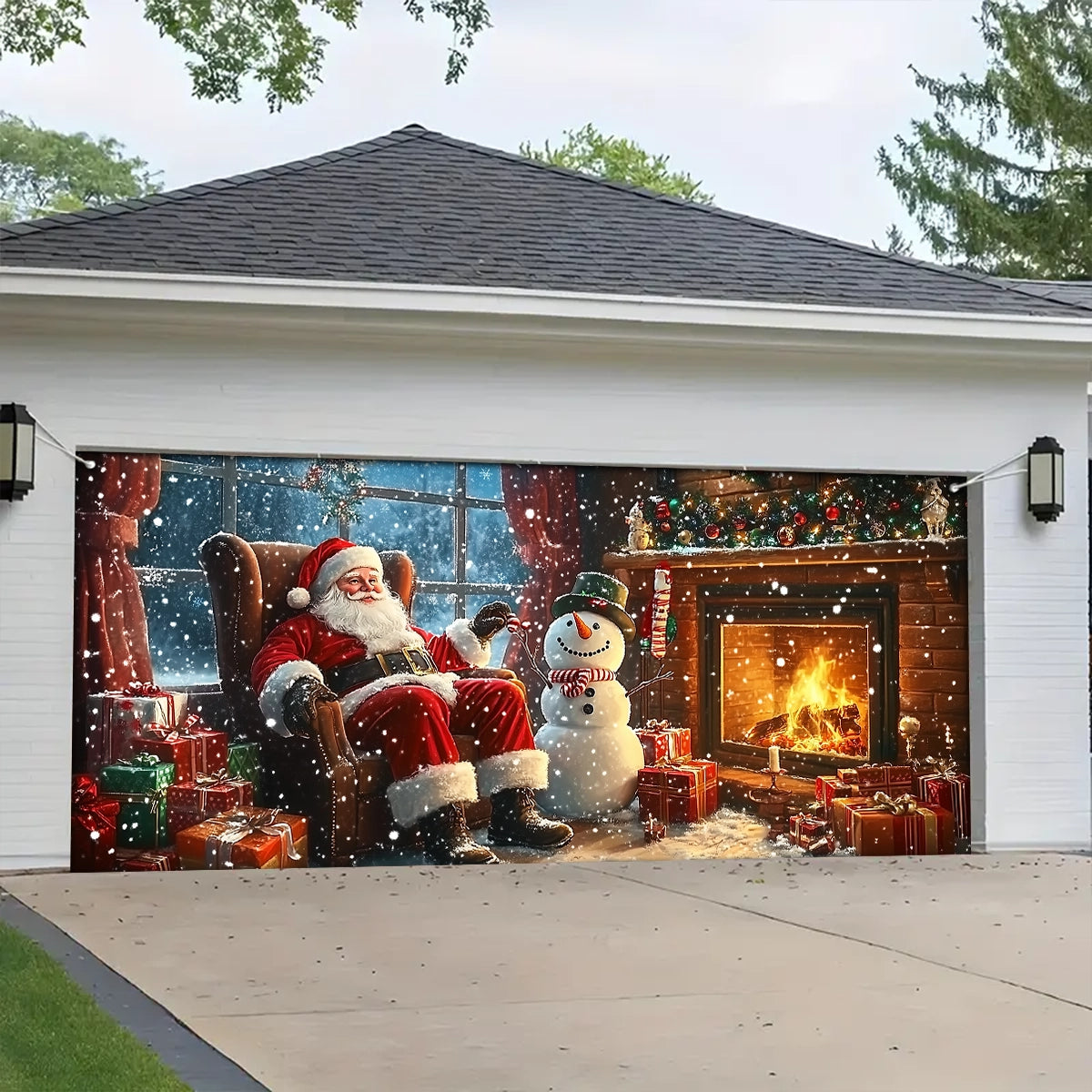 Shineful Garage Door Banner Decoration - Warm Fireside Moments with Santa Claus