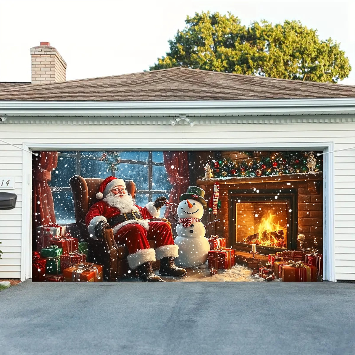Shineful Garage Door Banner Decoration - Warm Fireside Moments with Santa Claus