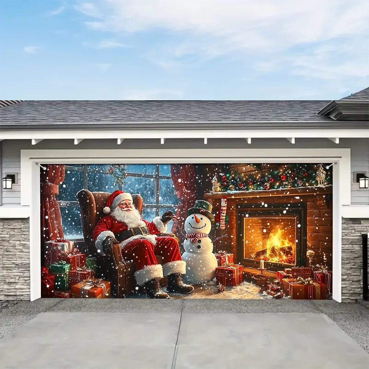 Shineful Garage Door Banner Decoration - Warm Fireside Moments with Santa Claus