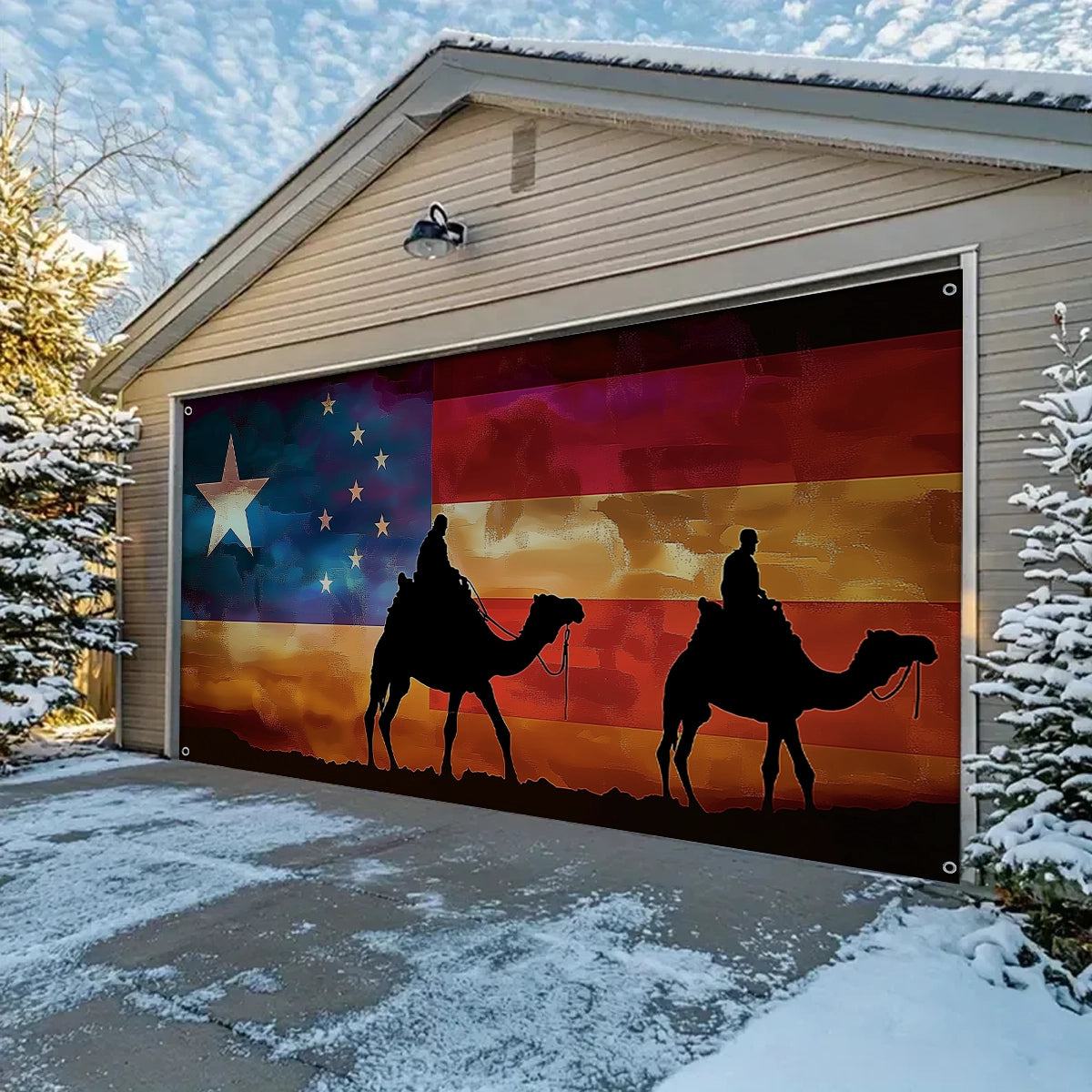 Shineful Garage Door Banner Decoration - Patriotic Trail Soldiers Riding Camels Beneath the American Spirit