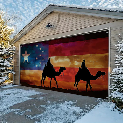 Shineful Garage Door Banner Decoration - Patriotic Trail Soldiers Riding Camels Beneath the American Spirit