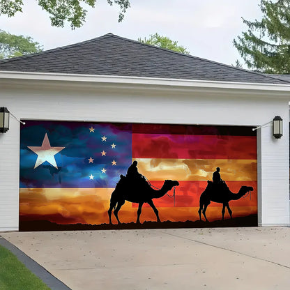 Shineful Garage Door Banner Decoration - Patriotic Trail Soldiers Riding Camels Beneath the American Spirit