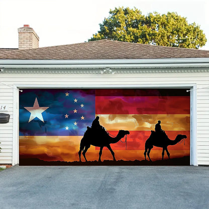 Shineful Garage Door Banner Decoration - Patriotic Trail Soldiers Riding Camels Beneath the American Spirit