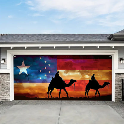 Shineful Garage Door Banner Decoration - Patriotic Trail Soldiers Riding Camels Beneath the American Spirit