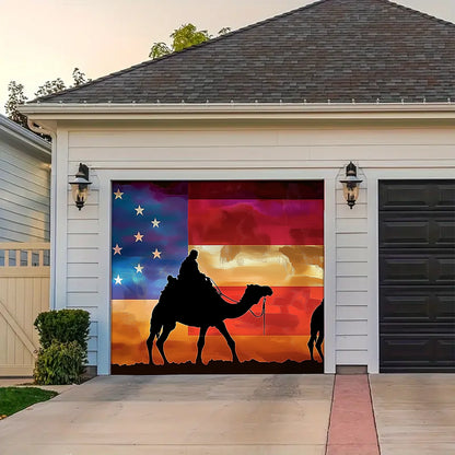Shineful Garage Door Banner Decoration - Patriotic Trail Soldiers Riding Camels Beneath the American Spirit