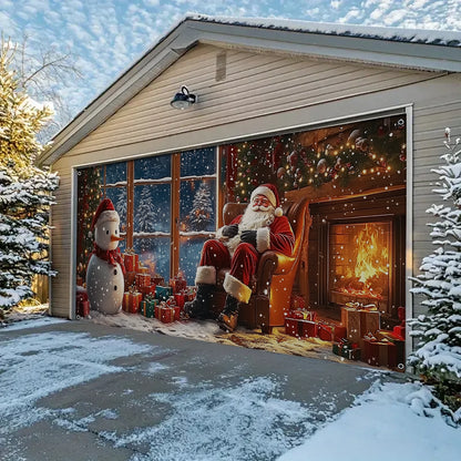 Shineful Garage Door Banner Decoration - Santa and Snowman by the Fireplace