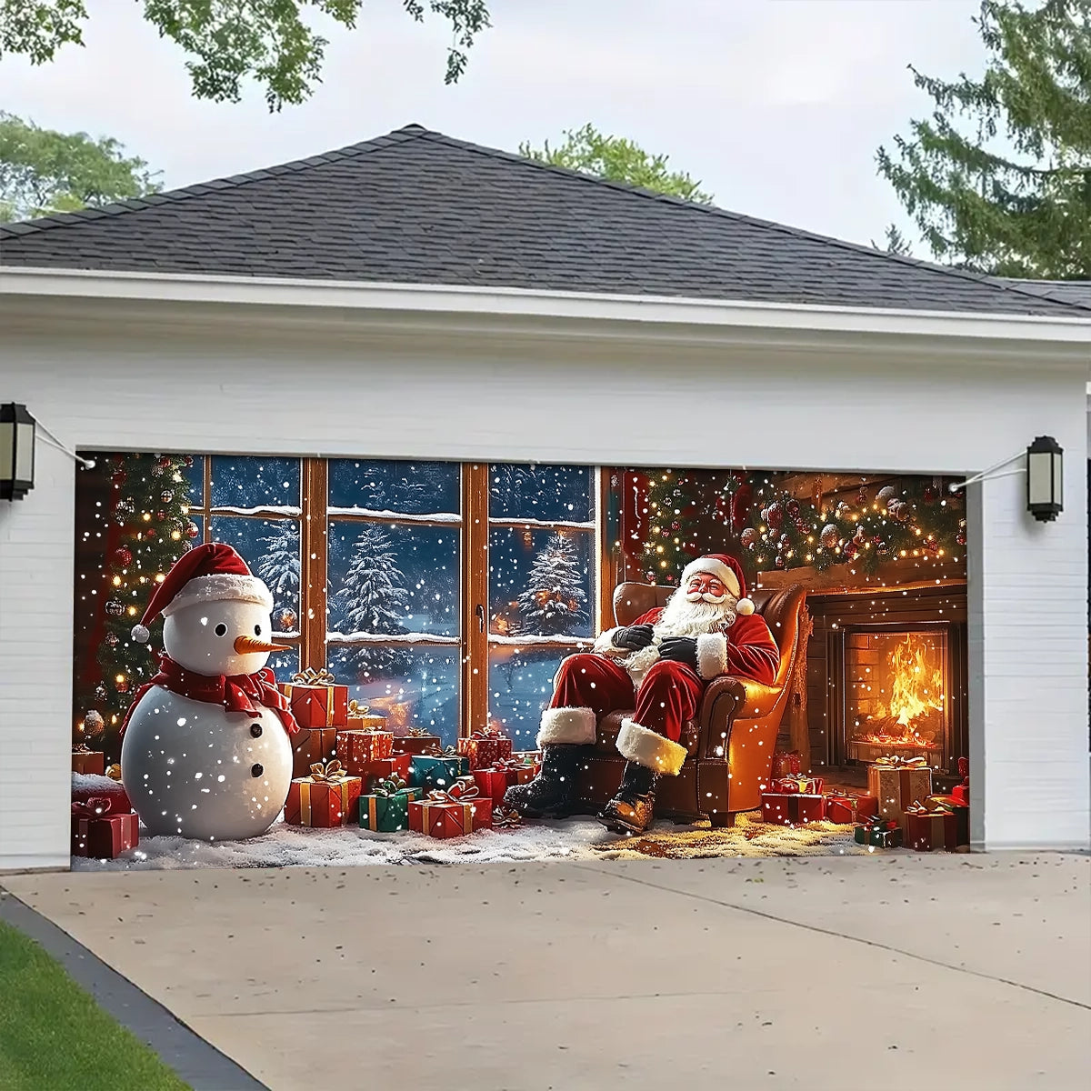 Shineful Garage Door Banner Decoration - Santa and Snowman by the Fireplace