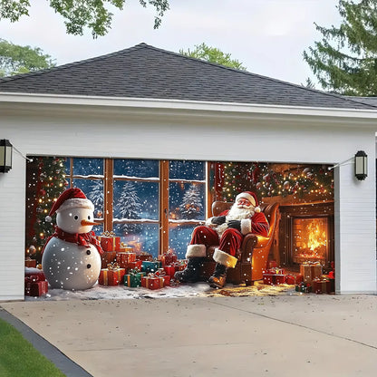 Shineful Garage Door Banner Decoration - Santa and Snowman by the Fireplace