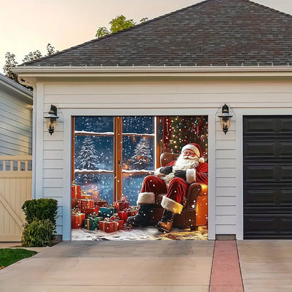 Shineful Garage Door Banner Decoration - Santa and Snowman by the Fireplace