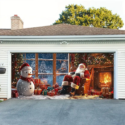 Shineful Garage Door Banner Decoration - Santa and Snowman by the Fireplace