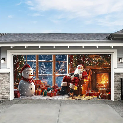 Shineful Garage Door Banner Decoration - Santa and Snowman by the Fireplace