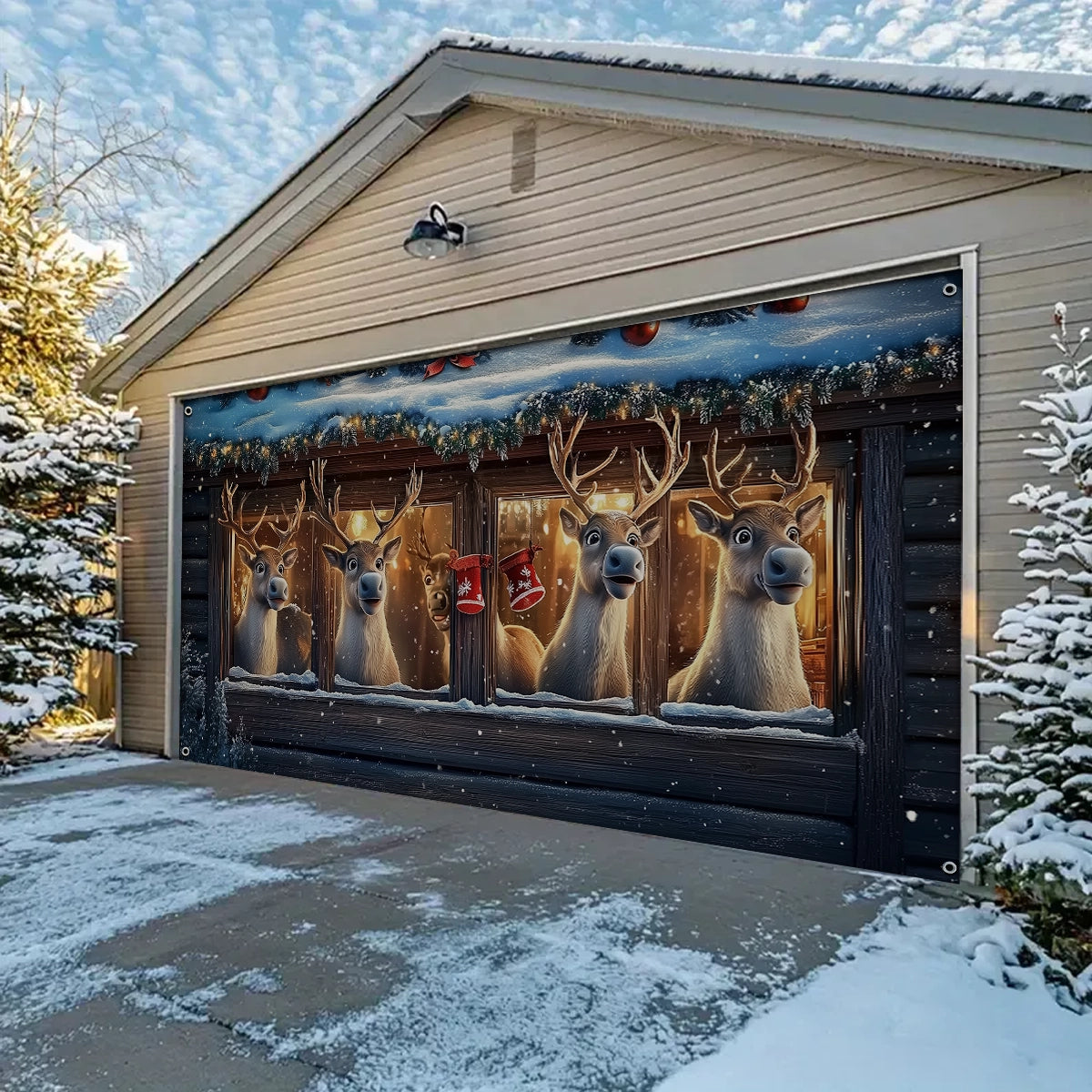 Shineful Garage Door Banner Decoration - Festive Reindeer Watching the Holiday Cheer