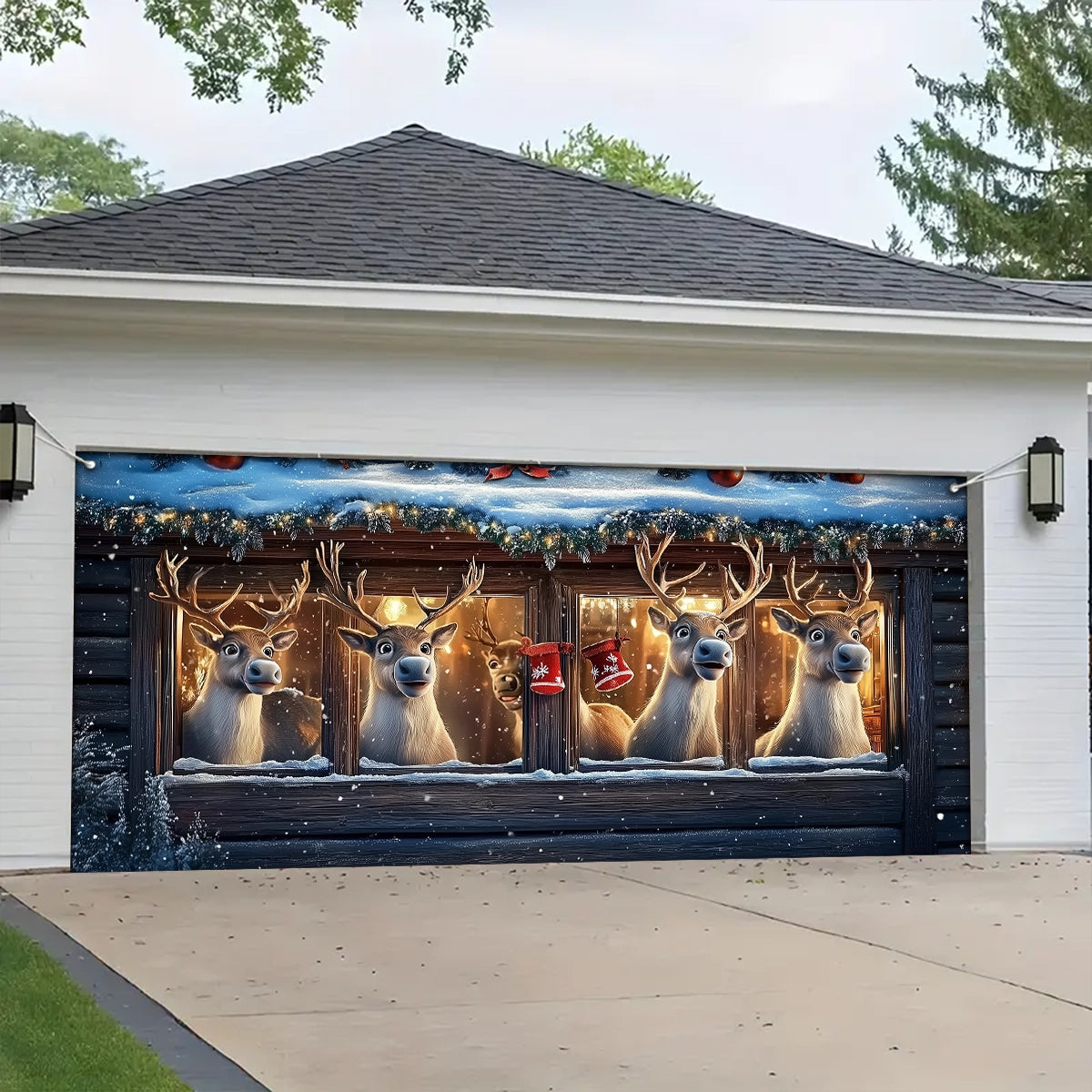 Shineful Garage Door Banner Decoration - Festive Reindeer Watching the Holiday Cheer
