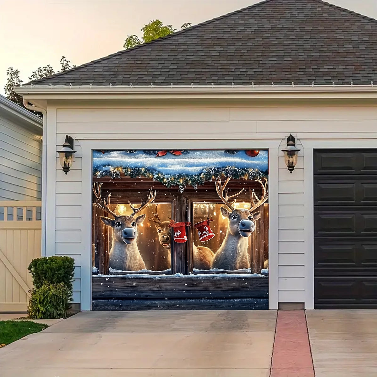 Shineful Garage Door Banner Decoration - Festive Reindeer Watching the Holiday Cheer