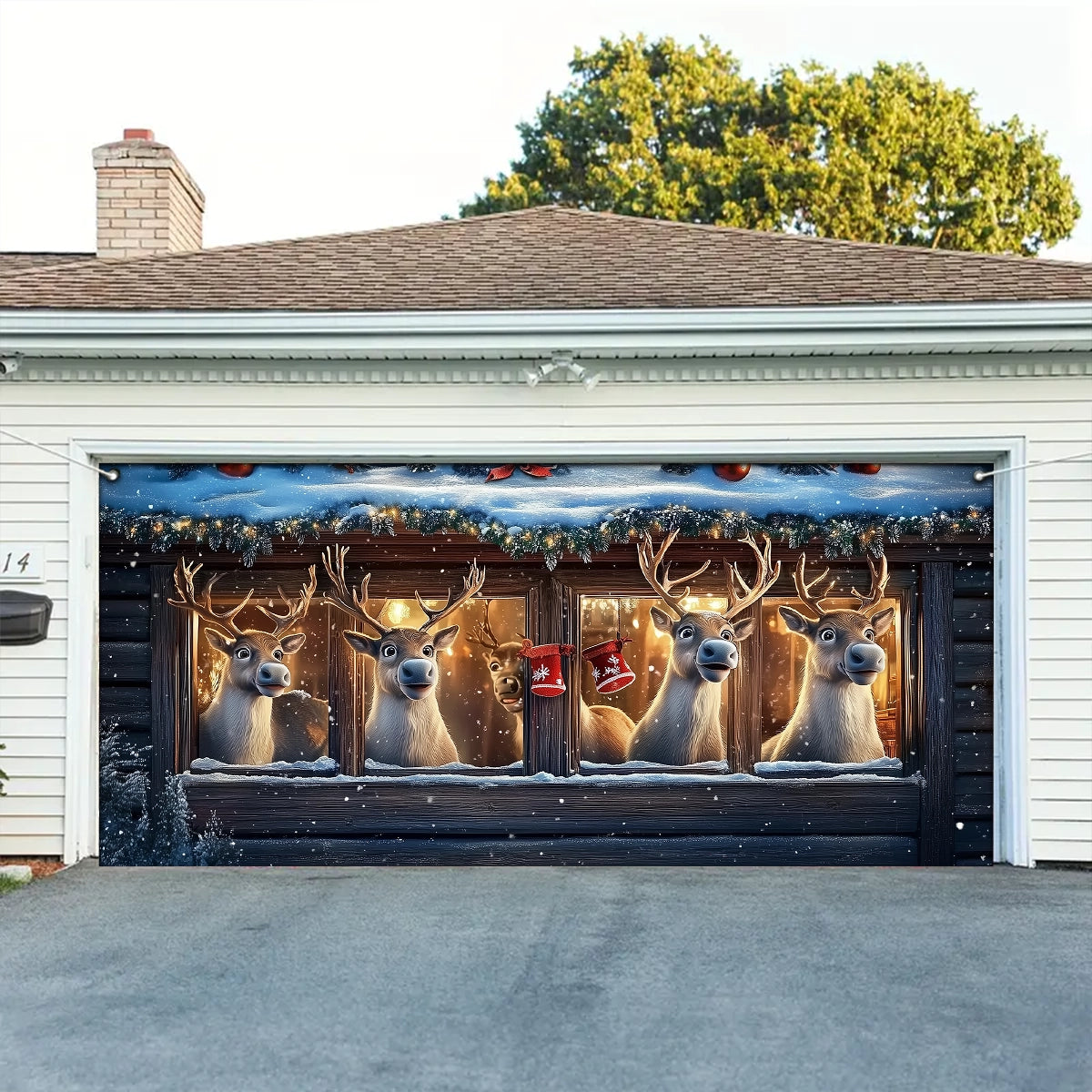 Shineful Garage Door Banner Decoration - Festive Reindeer Watching the Holiday Cheer