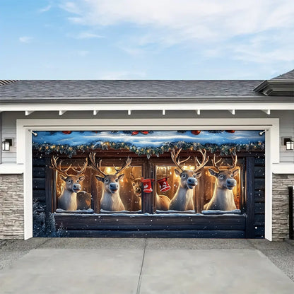 Shineful Garage Door Banner Decoration - Festive Reindeer Watching the Holiday Cheer
