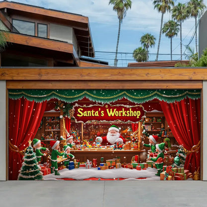 Shineful Garage Door Banner Decoration - Elves in Action at Santa's Workshop