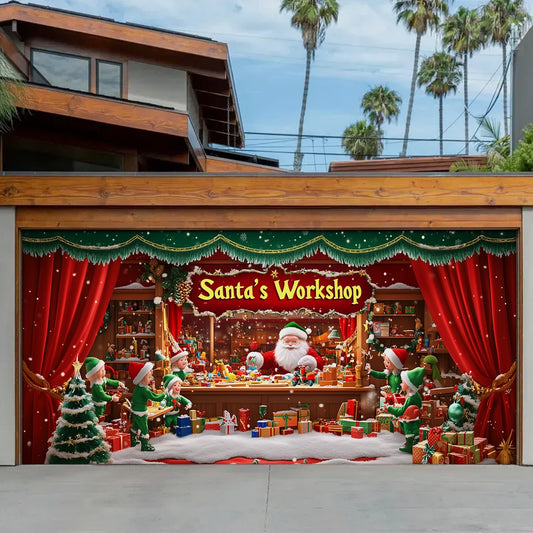 Shineful Garage Door Banner Decoration - Elves in Action at Santa's Workshop