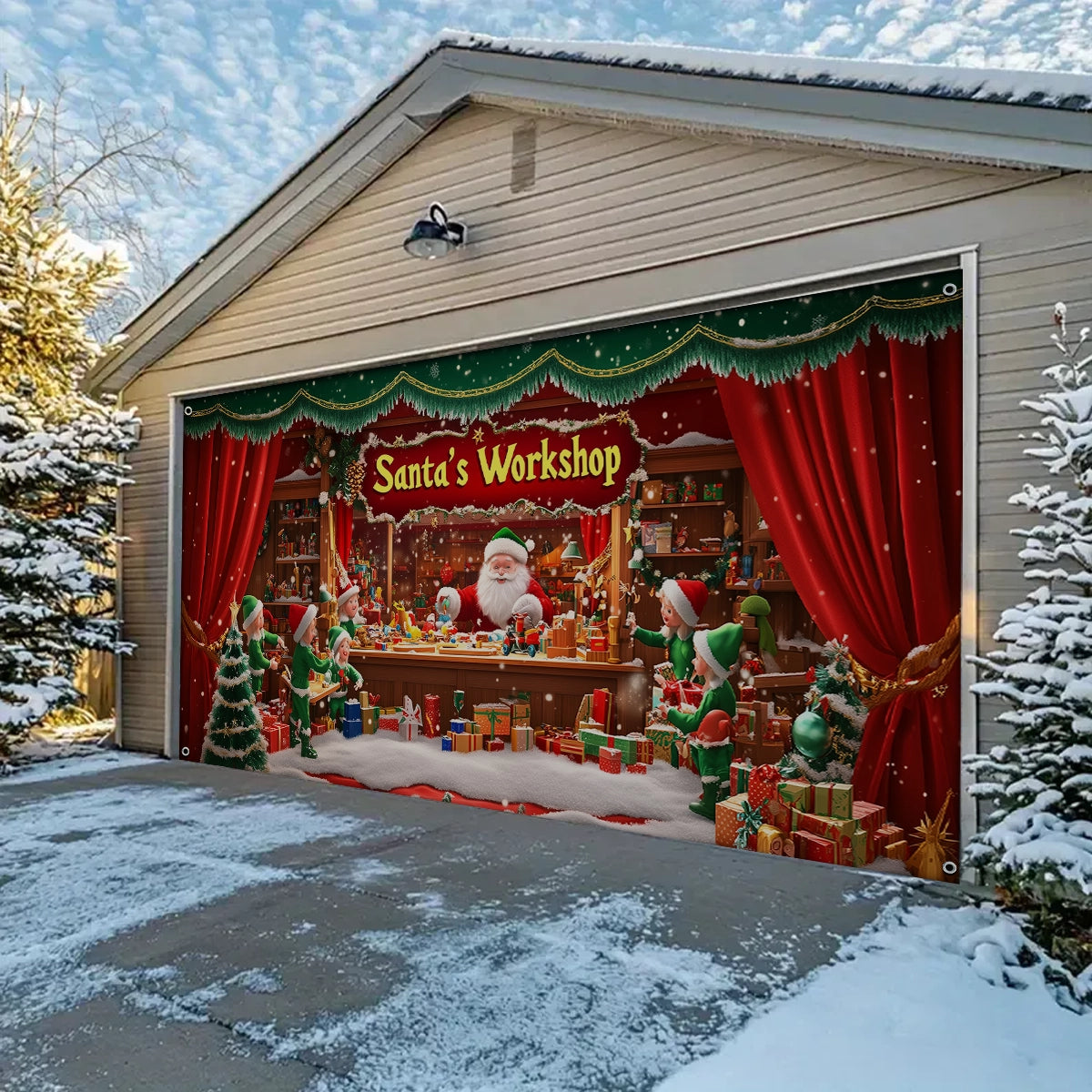 Shineful Garage Door Banner Decoration - Elves in Action at Santa's Workshop