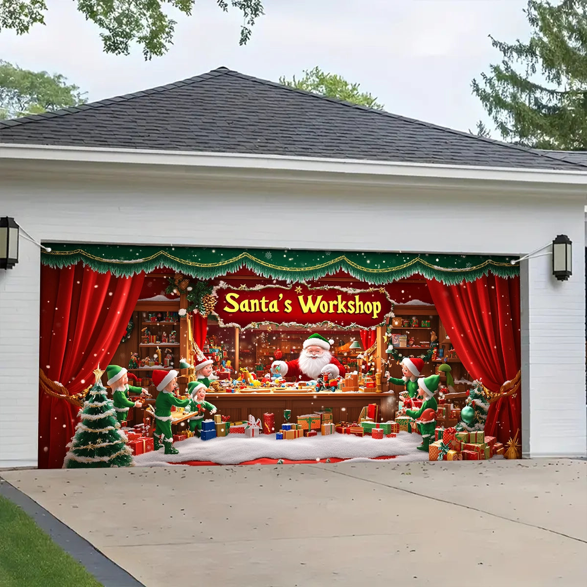 Shineful Garage Door Banner Decoration - Elves in Action at Santa's Workshop