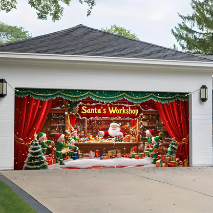 Shineful Garage Door Banner Decoration - Elves in Action at Santa's Workshop