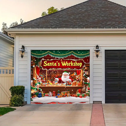 Shineful Garage Door Banner Decoration - Elves in Action at Santa's Workshop