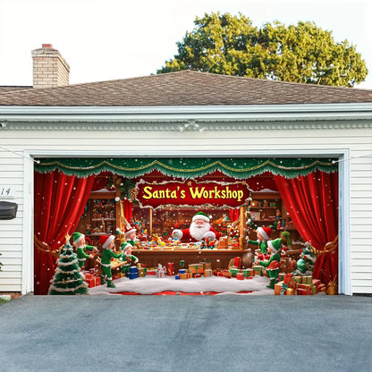 Shineful Garage Door Banner Decoration - Elves in Action at Santa's Workshop