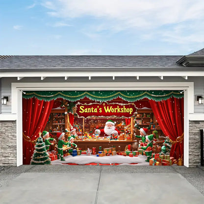 Shineful Garage Door Banner Decoration - Elves in Action at Santa's Workshop